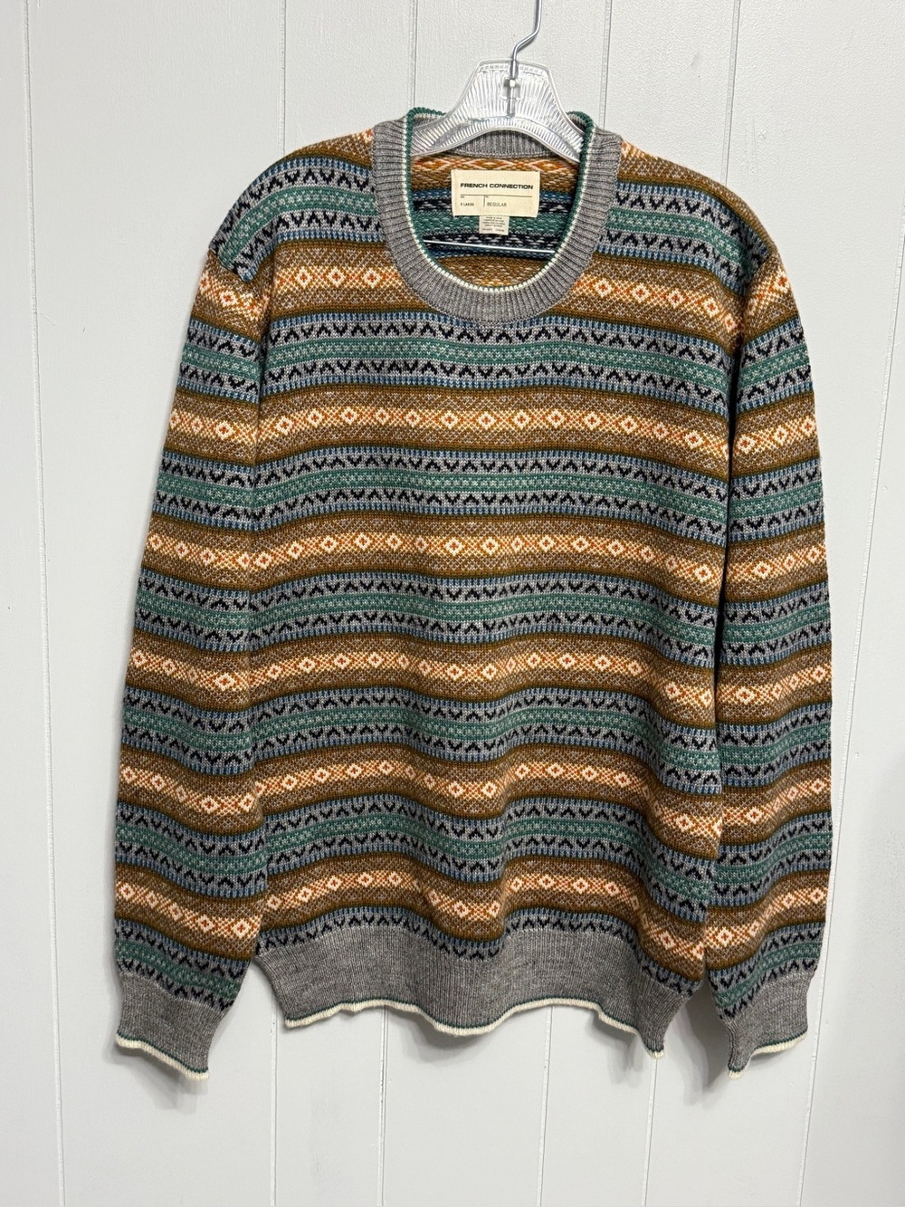 French Connection Wool Blend Crewneck Sweater in Gray, Tan, and Green Fair Isle
